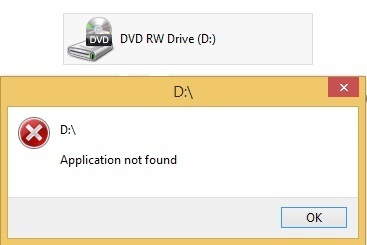 Application not found error displayed when DVD drive accessed